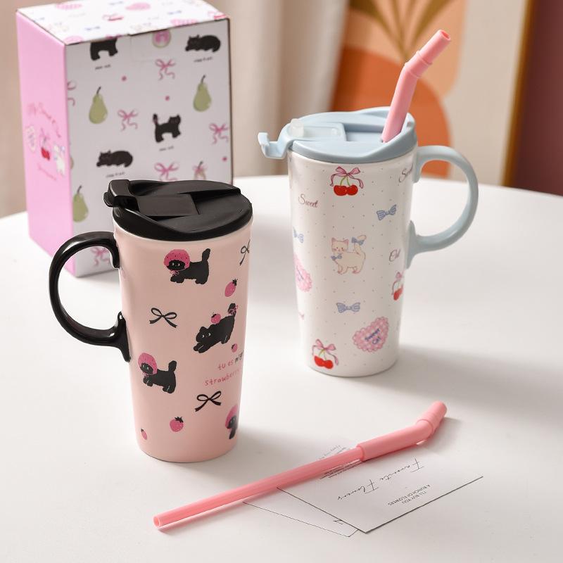 Милая кошка Высокая чашка Девичья чашка с крышкой Повседневная чашка Керамическая кружка с соломинкой Подарок на день рождения Стиль