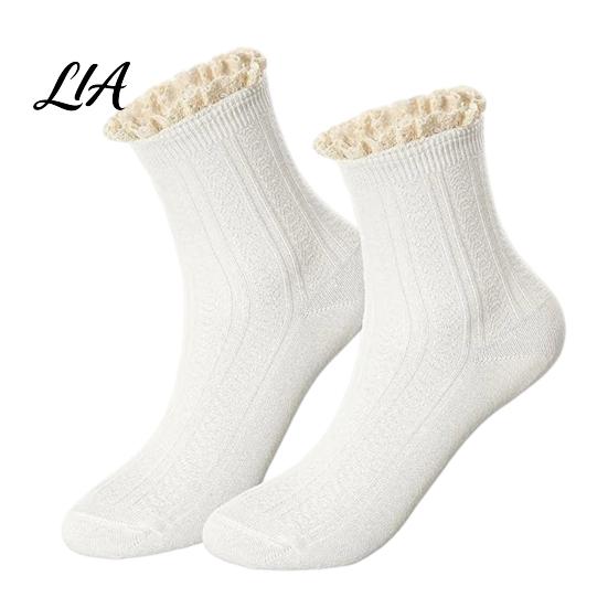 Vintage Inspired Lace Hosiery Ruffle Crew Socks for Women, Cotton Frilly Socks, Soft Breathable Elastic Stacked Casual Ankles Daily Wear And