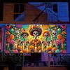 A colorful Mexican Day of the Dead flower and candle decorated garage door banner, polyester, suitable for Halloween