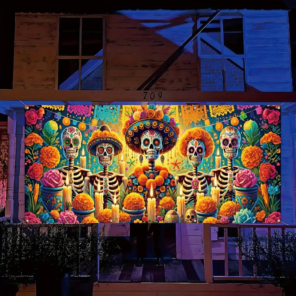 A colorful Mexican Day of the Dead flower and candle decorated garage door banner, polyester, suitable for Halloween