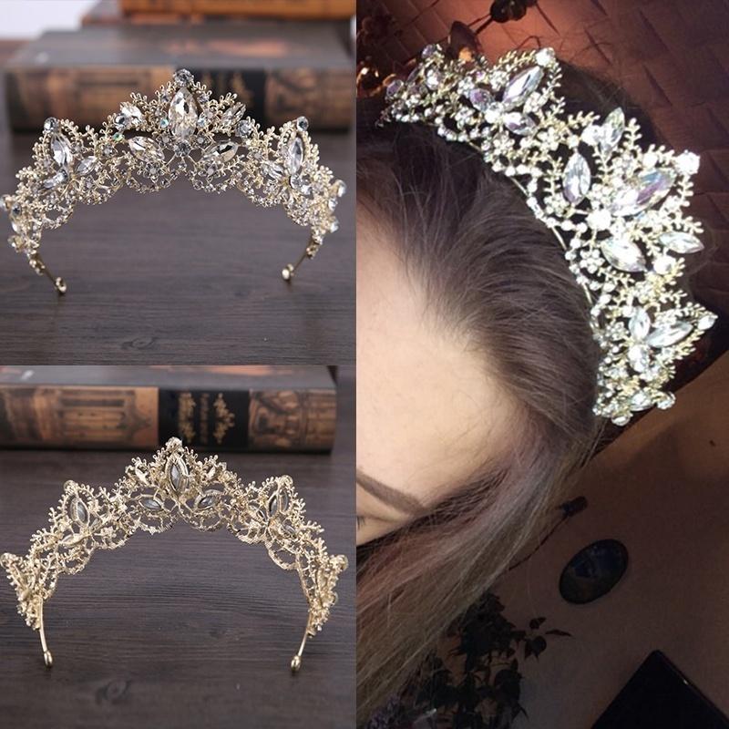 Hot Fashion Baroque Luxury Crystal AB Bridal Crown Tiara Light Gold Color Diadem Tiaras for Women Bride Wedding Hair Accessories