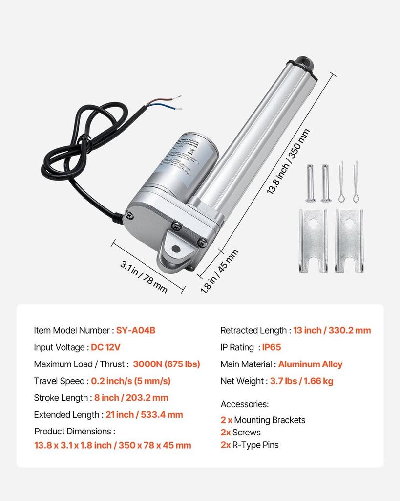 12V Linear Actuator, 203.2mm Stroke IP65 Waterproof Linear Actuator, 675lbs/3000N 0.2"/s Motion Actuators with Mounting Bracket for Solar Trackers,
