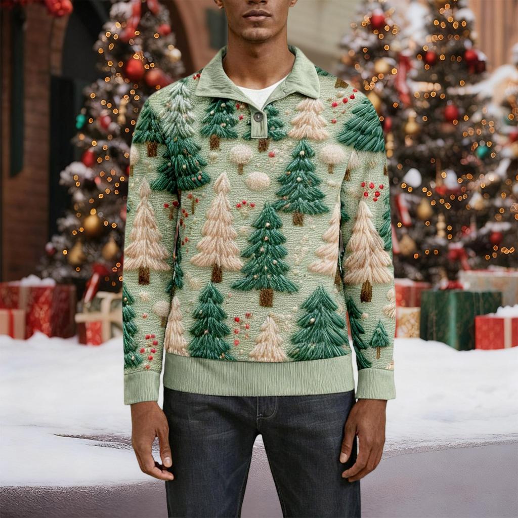 Мужская рождественская хлопковая рубашка-пуловер с длинным рукавом для активного отдыха, винтажная вельветовая рубашка с воротником-стойкой и пуговицами, повседневная толстовка с рождественским принтом