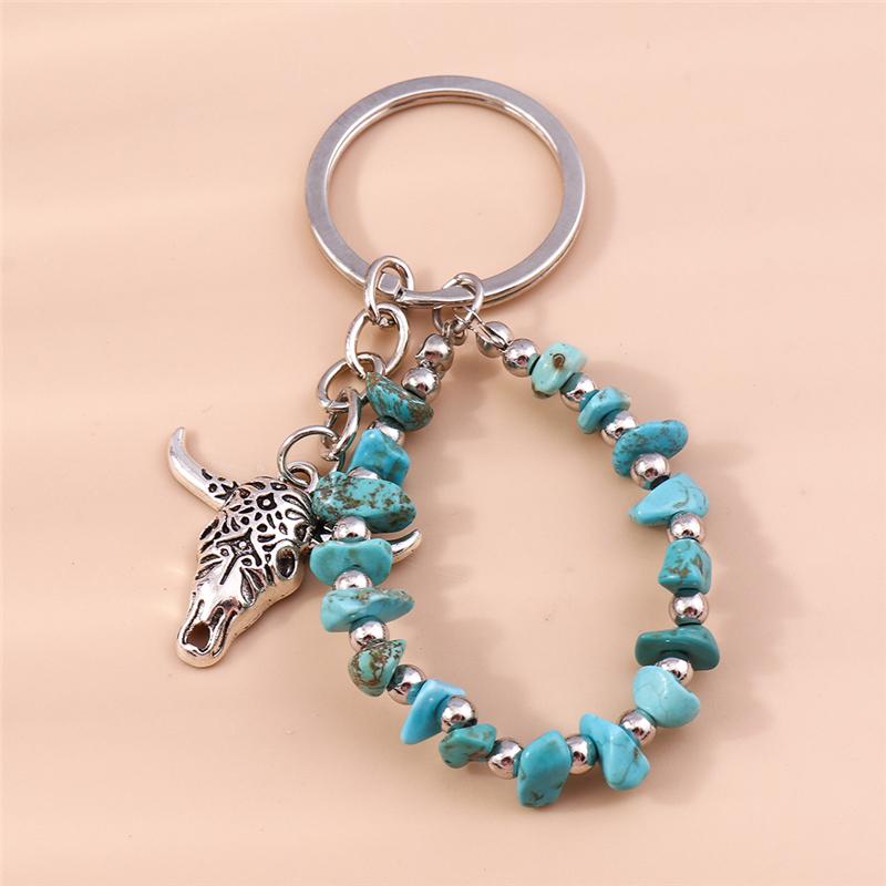 Retro Ethnic Bull Head Keychain Turquoise Key Ring Pendants for Women Girls Handbag Decor DIY Handmade Jewelry Gift