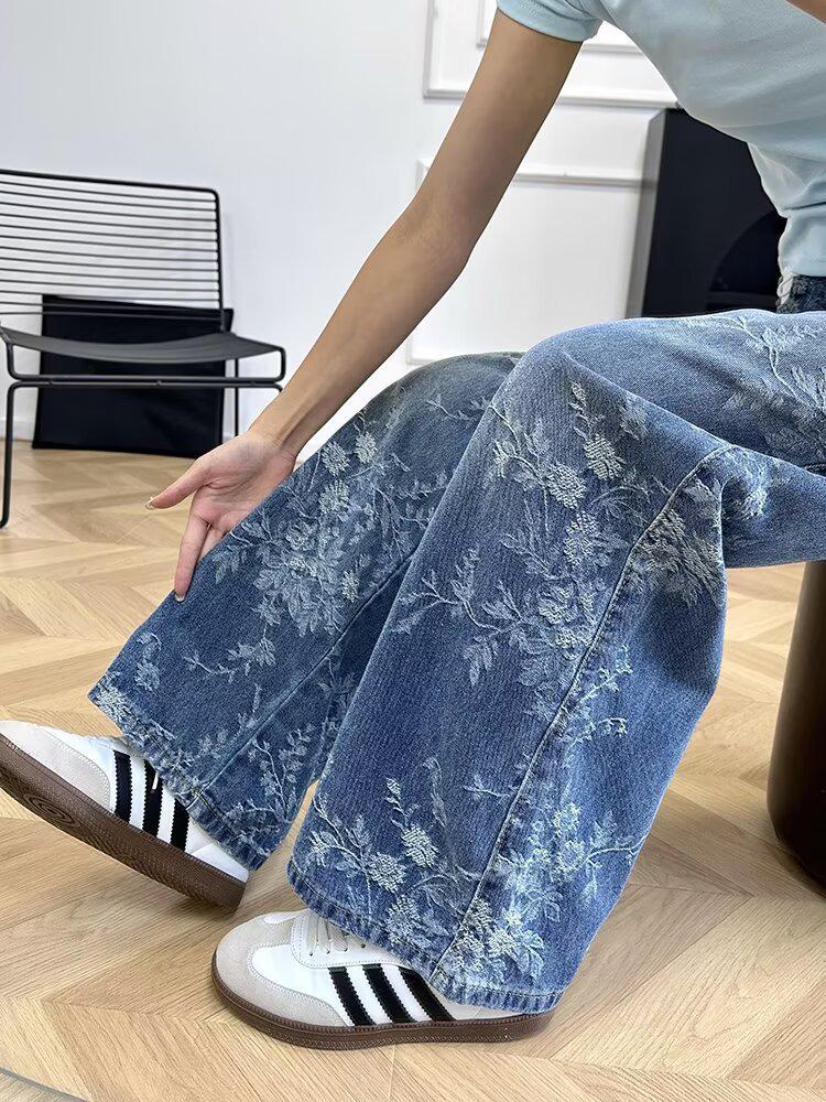 Женские осенние джинсы-кюлоты с жаккардовой вышивкой - Свободного кроя, Длина в пол для фигуры типа "груша"