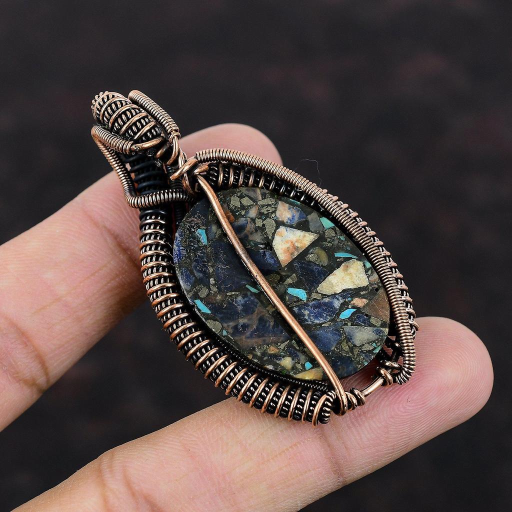 Медный кулон содалит, медная проволока, обернутая кулоном, драгоценный камень, медные украшения, ручная работа, достойный кулон, обернутый проволокой, подарок на помолвку