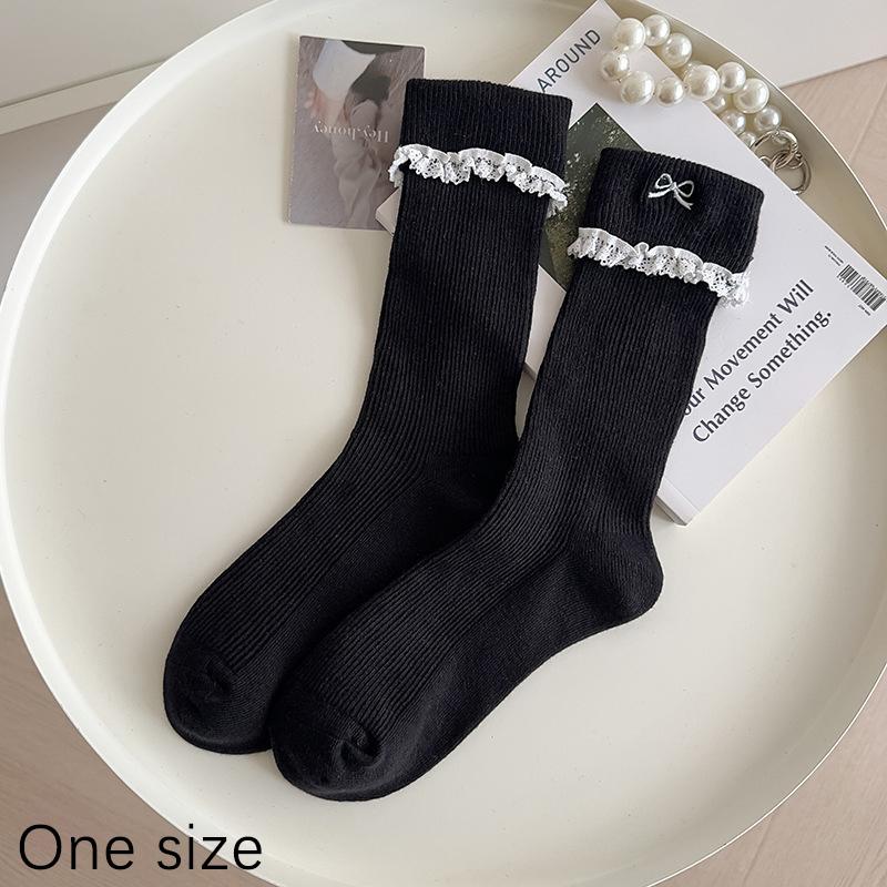 Simple All-Match Girly Cotton Socks Lace Bow Sweet Sock Casual Breathable Sweat-Wicking Mid-Tube Socks Accessories Gifts