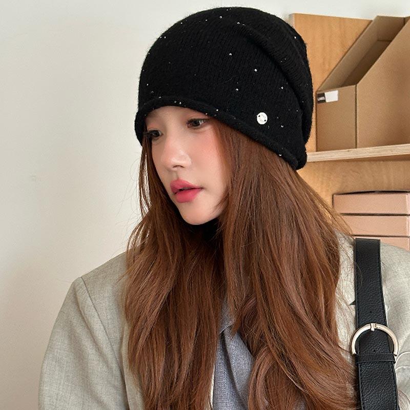 Premium sequined stacking hat women's autumn and winter warm knitted cold hat showing face small ear protection hat wool hat