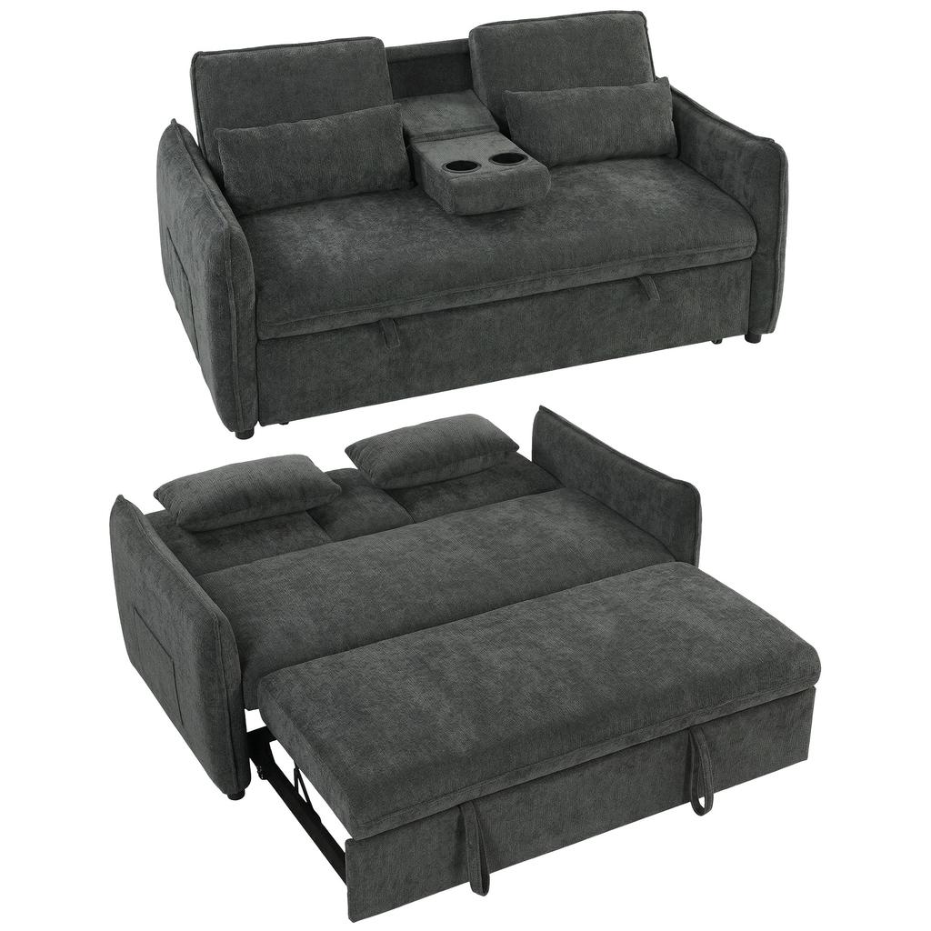 Sofa Bed, 2-Seater 3-in-1, Side Table, Cup Holder, Adjustable Backrest, 2 Pillows, Dark Grey