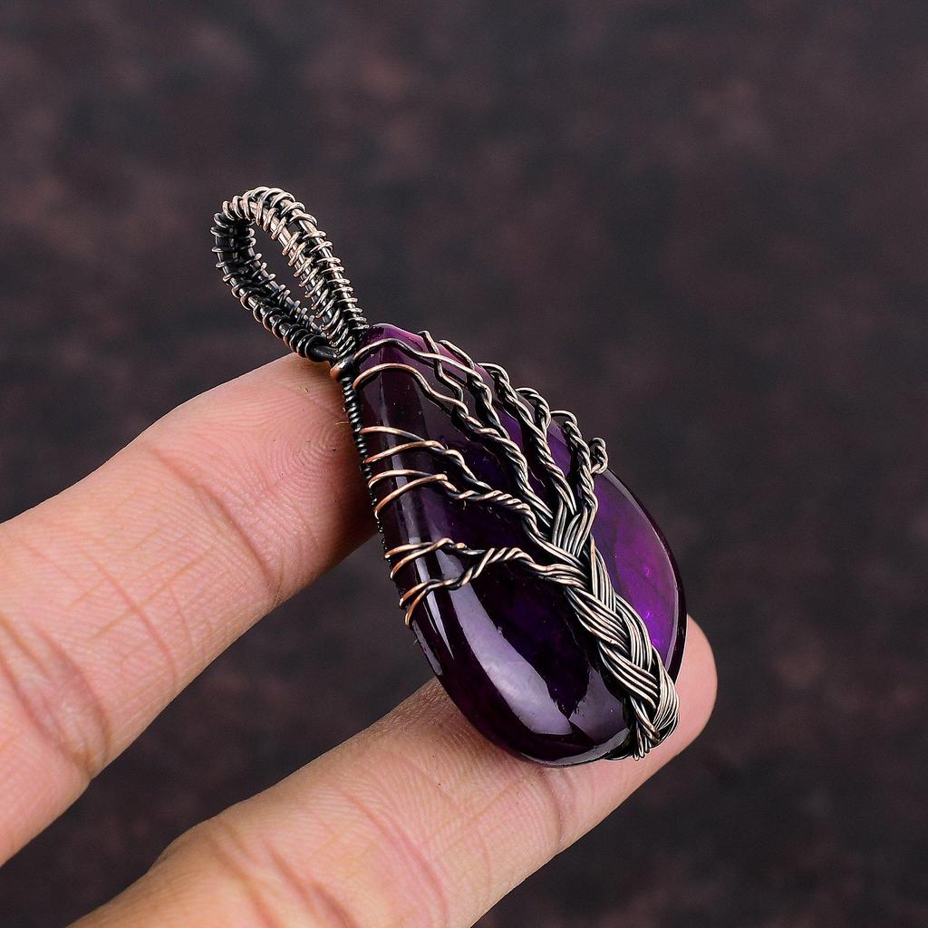 Подвеска Древо Жизни Фиолетовый Огненный Лабрадорит Медная Оплетка Подвеска с Драгоценным Камнем Подвеска Ручной Работы Украшения с Медной Оплеткой Подарок для Мамы