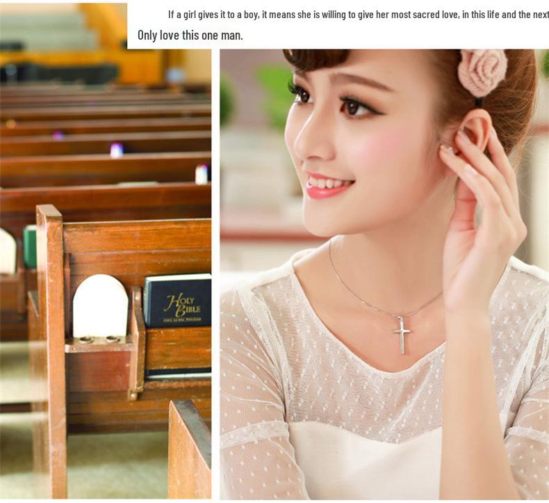 S925 Sterling Silver Smooth Cross Pendant Necklace for Men and Women - Versatile Long Sweater Chain