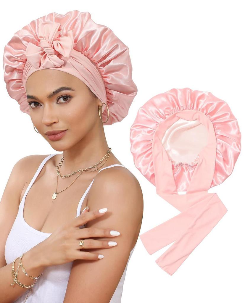 Double-Layer Satin Bow Tie Sleep Cap for Women - Reversible Bandana Style Bonnet for Hair Care