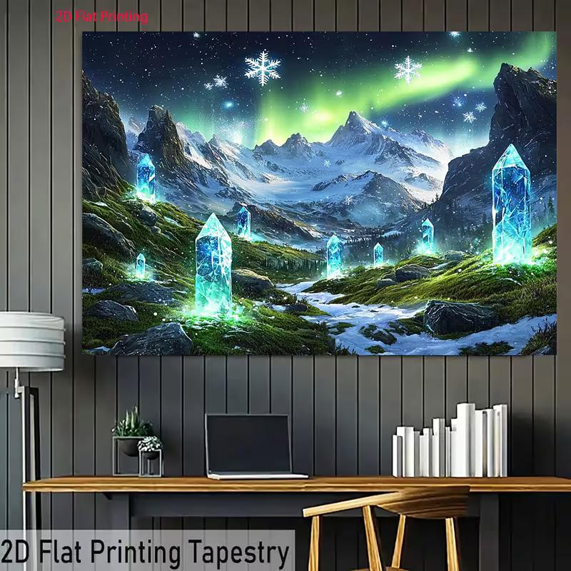2D Aurora Borealis Tapestry, Glowing Blue Crystal & Winter Landscape Wall Hanging