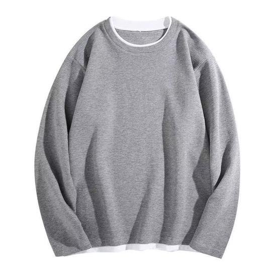 Мужской вафельный свитшот с круглым вырезом, футболка с длинным рукавом, имитация двухслойности, повседневный свободный пуловер для весны, осени, для повседневной носки, уличный стиль