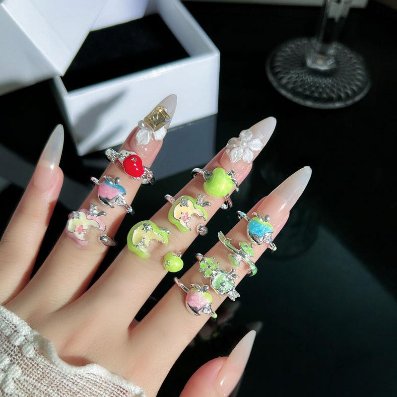 Super Sweet Apple Strawberry Fruit Enamel Open Ring Niche Design Cute Sweet‑Cool Adjustable Stack‑Wear Index‑Finger Trend Jewelry