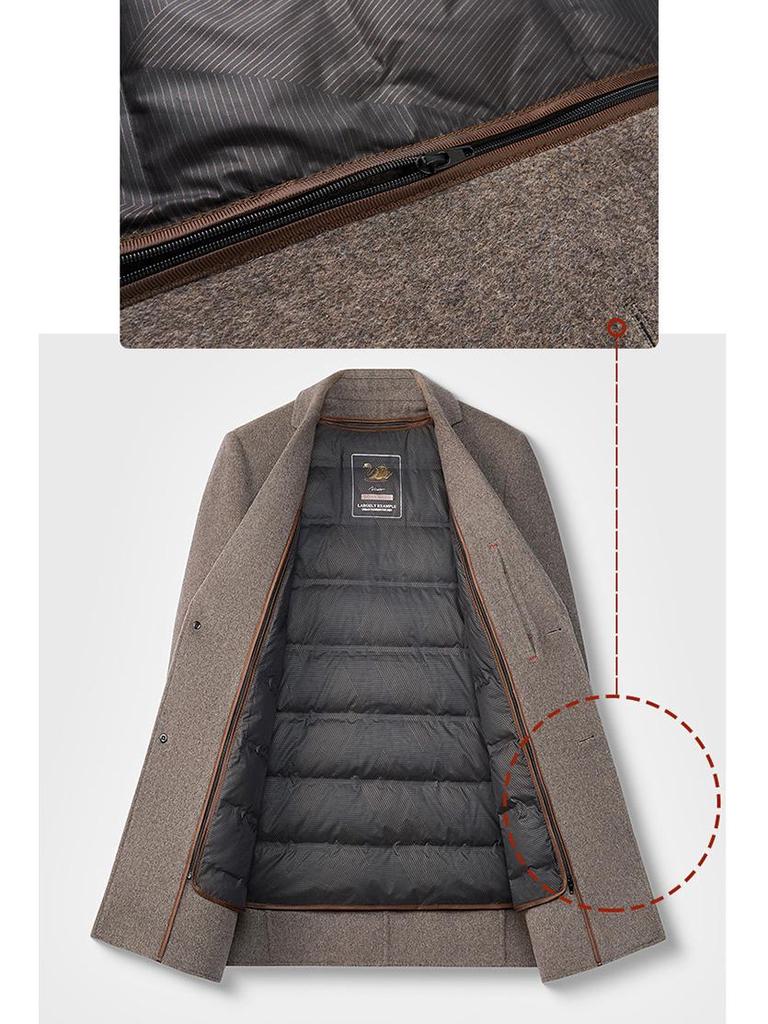 Мужское пальто средней длины премиум-класса из кашемира со съемной пуховой подкладкой и воротником-стойкой для осени/зимы.