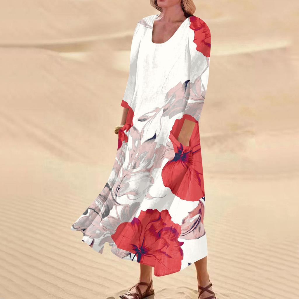 Женское повседневное удобное хлопковое карманное платье с цветочным принтом и рукавами три четверти