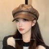 Показать небольшой темпераментный PU кожаный головной убор кепка детская ретро универсальный коричневый берет восьмиугольная шляпа женская осень и зима
