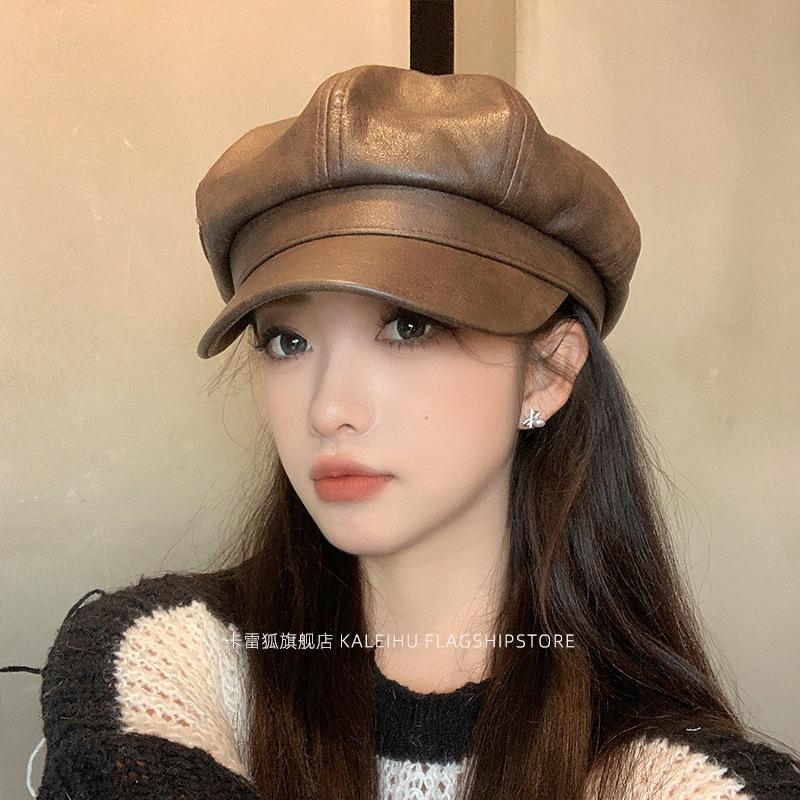 Показать небольшой темпераментный PU кожаный головной убор кепка детская ретро универсальный коричневый берет восьмиугольная шляпа женская осень и зима