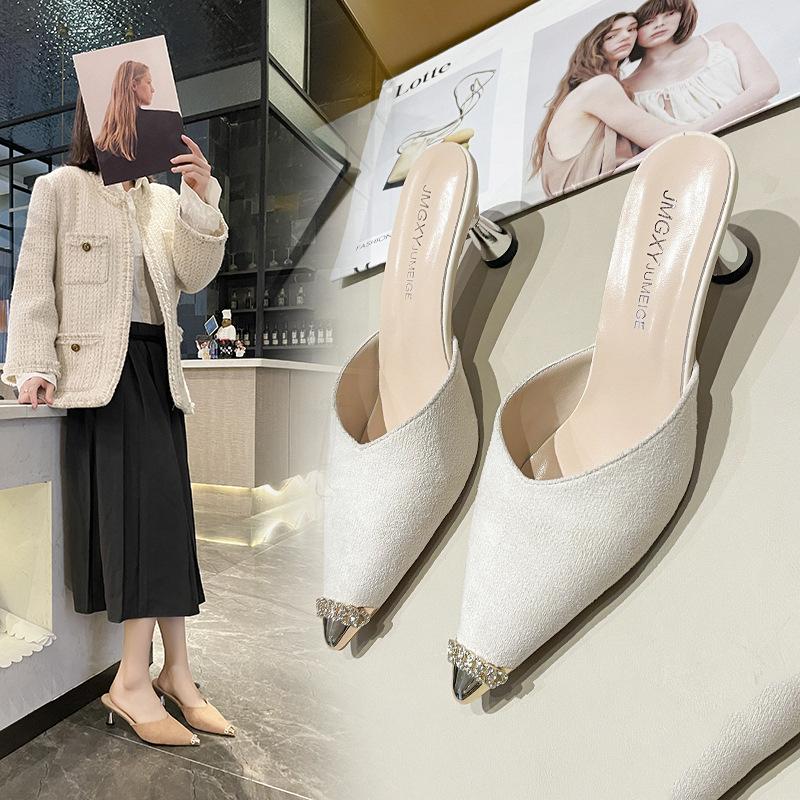 2025 Spring New Bag Head Half Slippers 33 Small Size Pointed Head Stiletto High Heels Fashion Muller Cool Slippers Women's Summer