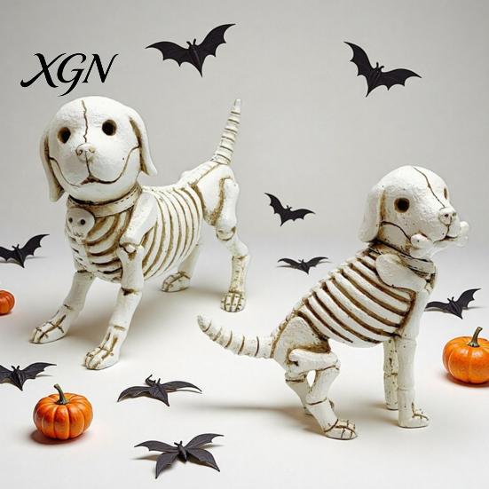 Weather Resistant Garden Statues Skull Puppy Resin Figurine, Halloween Retro Skeleton Dog Statue, Aged Sculptures Gothic Desktop Ornament for Bars And