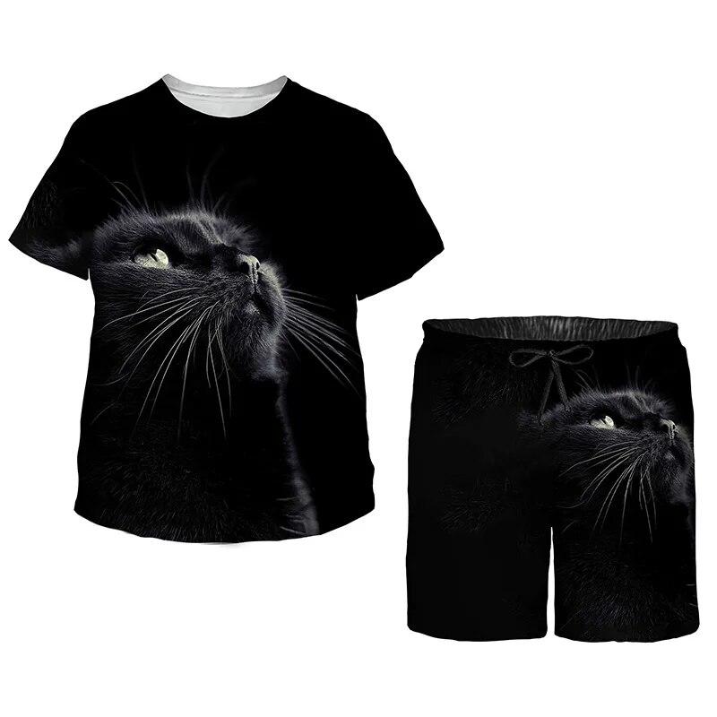 Летний комплект для детей, милый топ с короткими рукавами и шортами с принтом «Кейт», черный спортивный костюм, кавайные пижамы с героями мультфильмов для мальчиков и девочек
