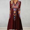Women Spring Summer Dress V Neck Three Quarter Sleeves Retro Ethnic Style Print Bohemian A-line Loose Hem Pockets Mid-calf Length Midi Dress