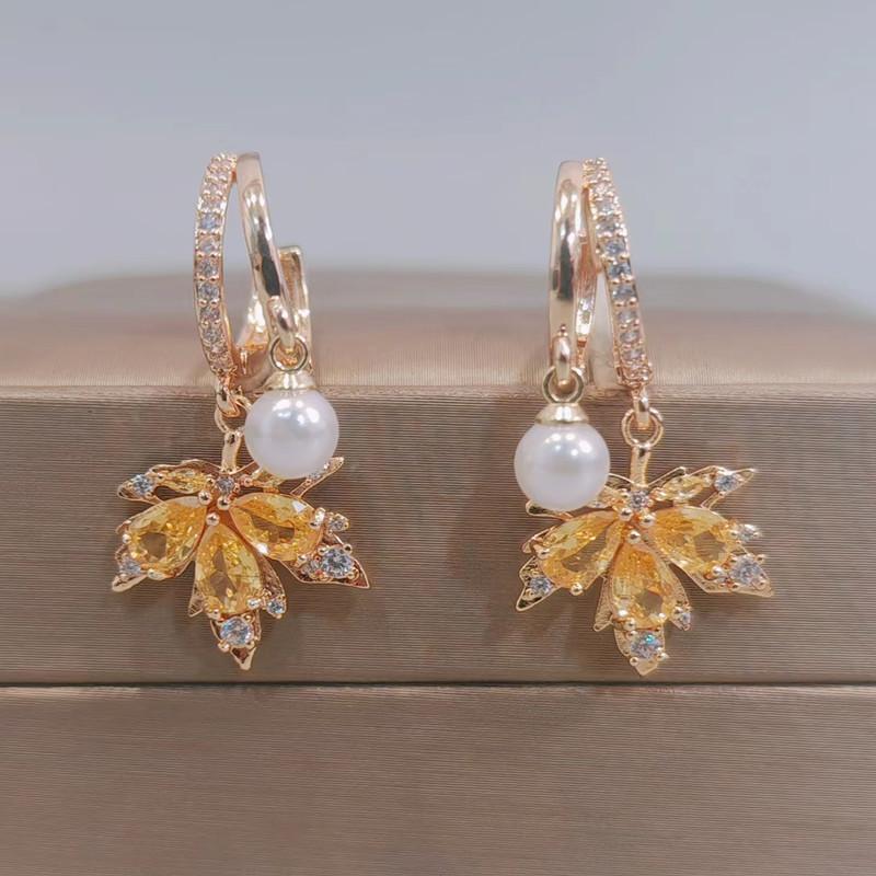 Женские серьги-подвески с желтым цирконием и кленовым листом, новинка 2023 года, модные ювелирные аксессуары для свадебной и помолвочной вечеринки
