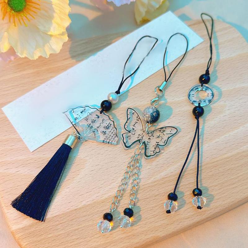 Chinese Style Ink Calligraphy Butterfly Fan Pendants Mobile Phone Chain Anti Lost Lanyard Vintage Keychain Bag Pendant Gifts