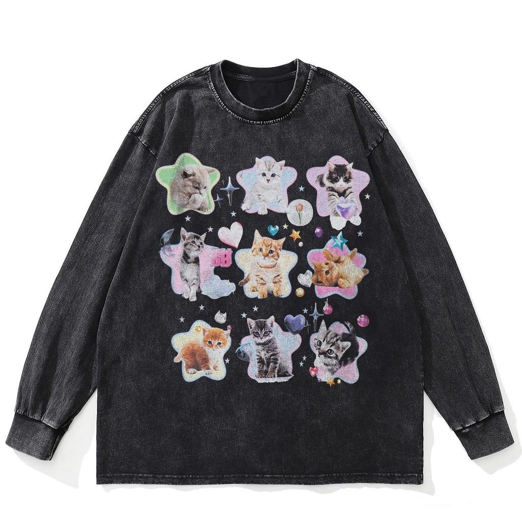Футболка уличная с принтом Lovely Cats, черная, стираная, хлопковая, унисекс, большие размеры, длинные рукава