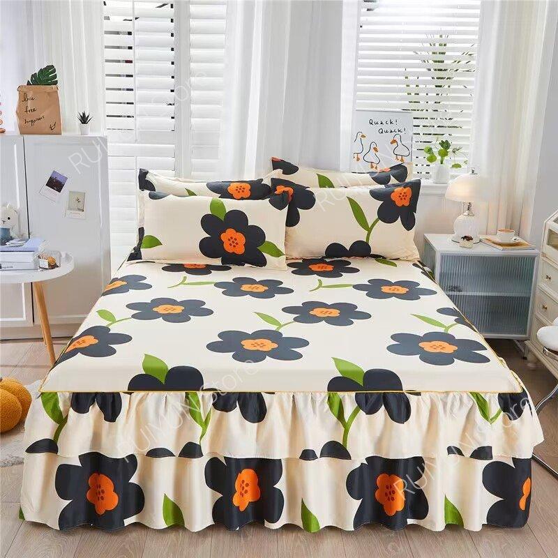 New Princess Printed Double Layers Bed Skirt Non-slip Mattress Cover Home Bedroom Soft Bedspread Bed Skirt Bedsheet Bed Cover