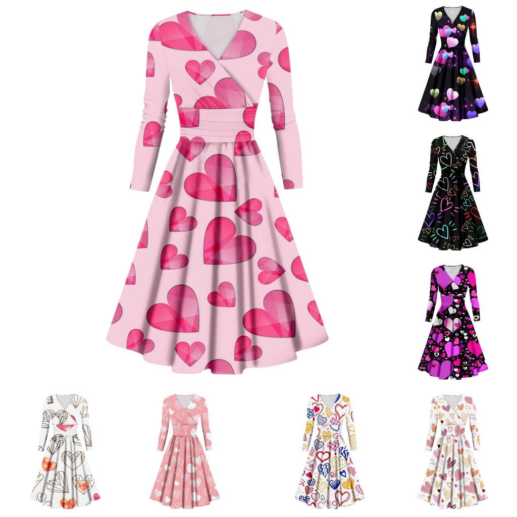 Женская мода повседневное сексуальное платье с длинным рукавом и v-образным вырезом с принтом ко Дню святого Валентина
