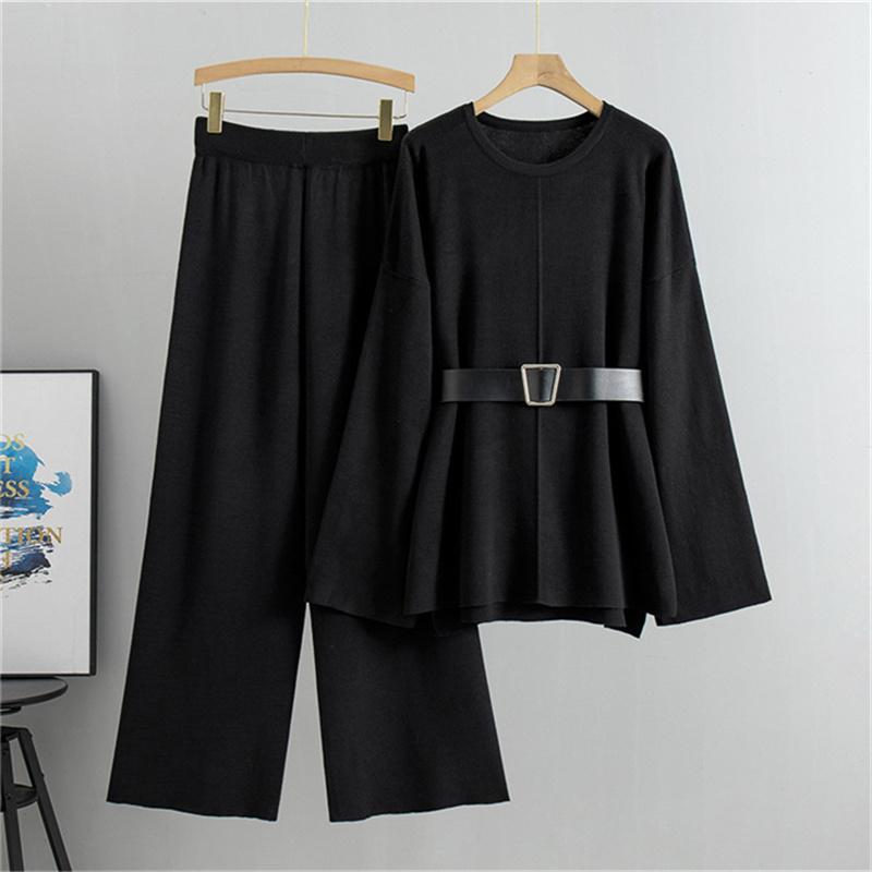 Women's Knitted Wide Leg Pants Sweater Suit Autumn And Winter Loose And Fashionable Two Piece Set