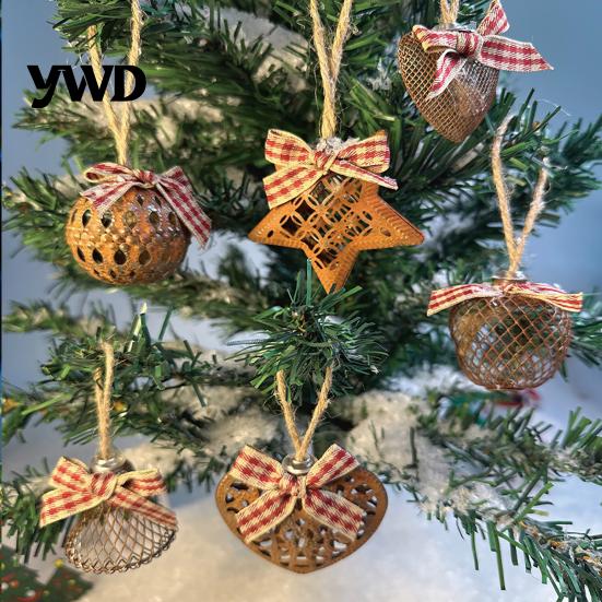 Indoor Winter Festival Hanging Ornaments 6 Pcs Rusty Iron Christmas Ornaments, Hollow Metal Tree Star Heart Rustic Fireplace Garland Decorations Ball