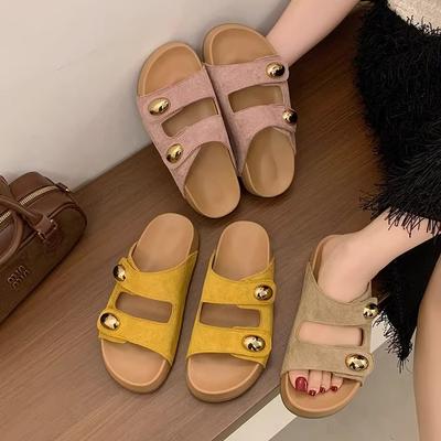 Крутые тапочки женские летние новая ретро маффин толстая подошва пляжные тапочки на одном ремешке