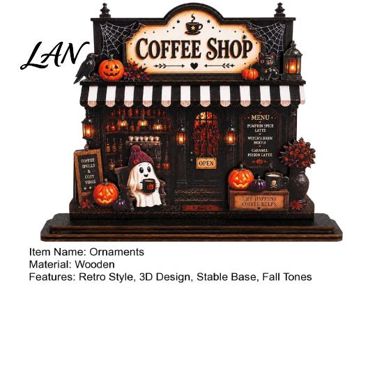 Autumn Coffee Bar Decorations Wooden Halloween Sign, Fall Harvest Tabletop Decor Plaque with Pumpkin Tiered Tray Ghost Cat, Retro Shop Ornament
