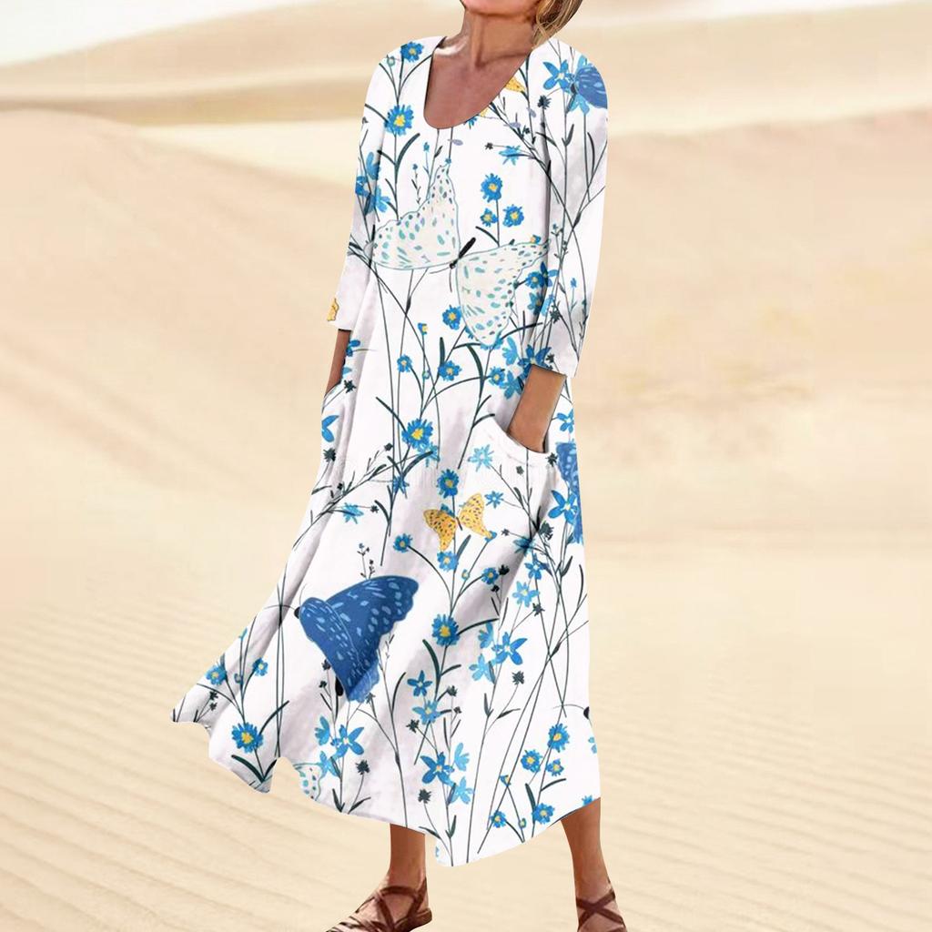 Платье для женщин, весеннее повседневное модное платье в стиле бохо с рукавами 3/4 для праздника, большого размера