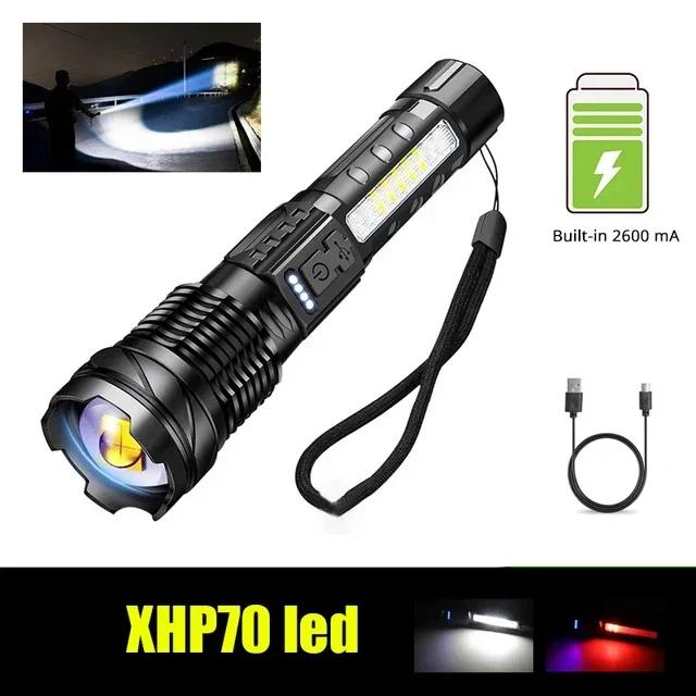 3000000LM High Power LED Flashlight 4500mah Built-in Battery Torch Ultra Bright Telescopic Zoom Powerful Lantern with Tail Light