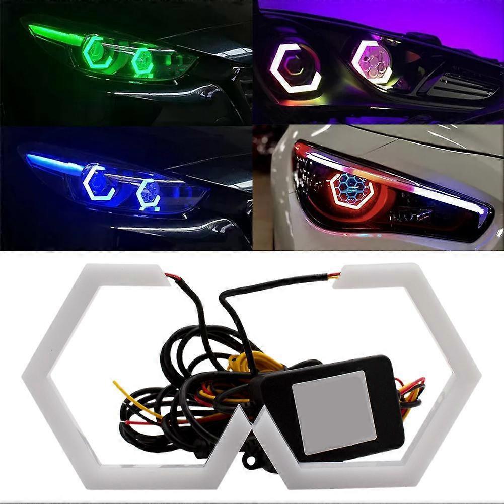 RGB LED Headlight Refit Colorful Angel Eye Halo Rings Hex Light App Remote