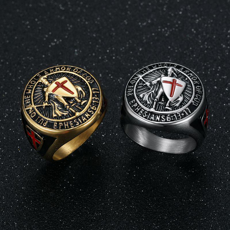 European-American Hip-Hop Men's Gold-Plated Titanium Ring with Vintage Templar Red Cross Shield
