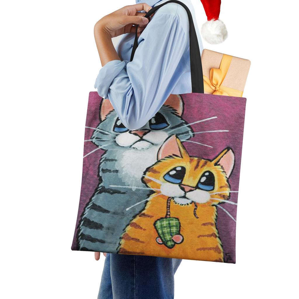 Женская сумка-тоут из льна с принтом кошки, повседневная, для путешествий, пляжная, подарочная сумка KTB