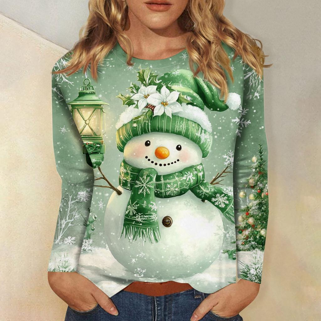 Рубашки с длинным рукавом для женщин Милые принты Футболки Блузки Повседневные Большие размеры Базовые топы Пуловеры Рождественские