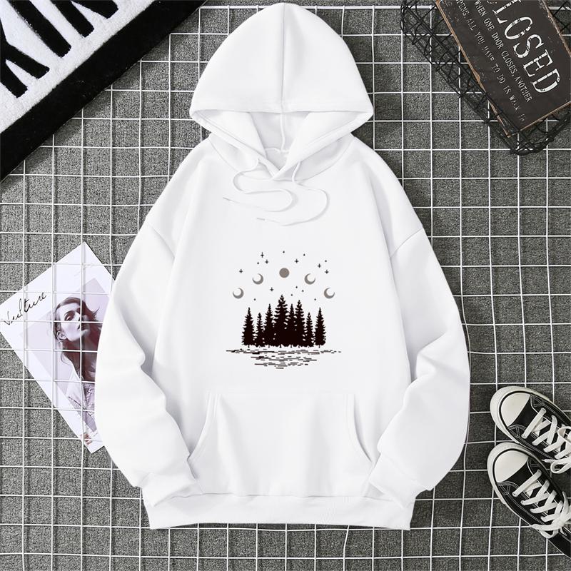 Hooded Dark Forest Print Letter Universe Faith Harajuku Hooded Women Hoodie O-neck Long Sleeve White Tops Female Clothing