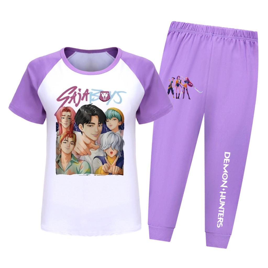 Kpop Охотники на демонов Саджа Мальчики Узор Рубашка с коротким рукавом Длинные брюки Пижамный костюм