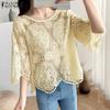 Women Summer Casual 3/4 Sleeve Loose Hollow Out Lace Crochet Blouse