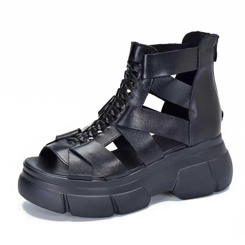 Мода 2024 Лето Черные Женские Сандалии Из Искусственной Кожи Крутые Ботильоны Туфли На Платформе Клинья Sandalias De Mujer Модные Уличные Сандалии