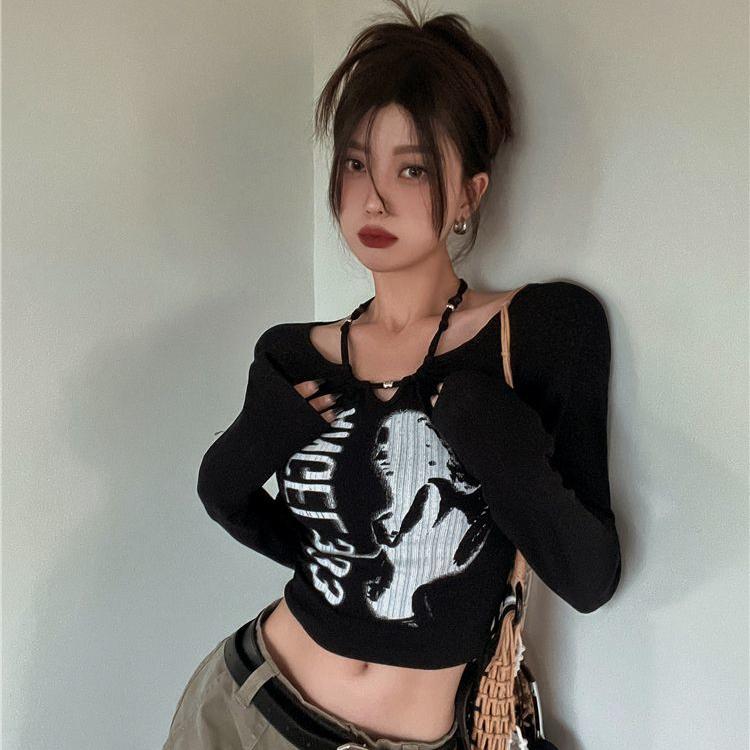 Grunge Y2k женская футболка с винтажным принтом и круглым вырезом в стиле пэчворк, тонкий топ с длинными рукавами Kpop, модная футболка с рисунком, уличная одежда
