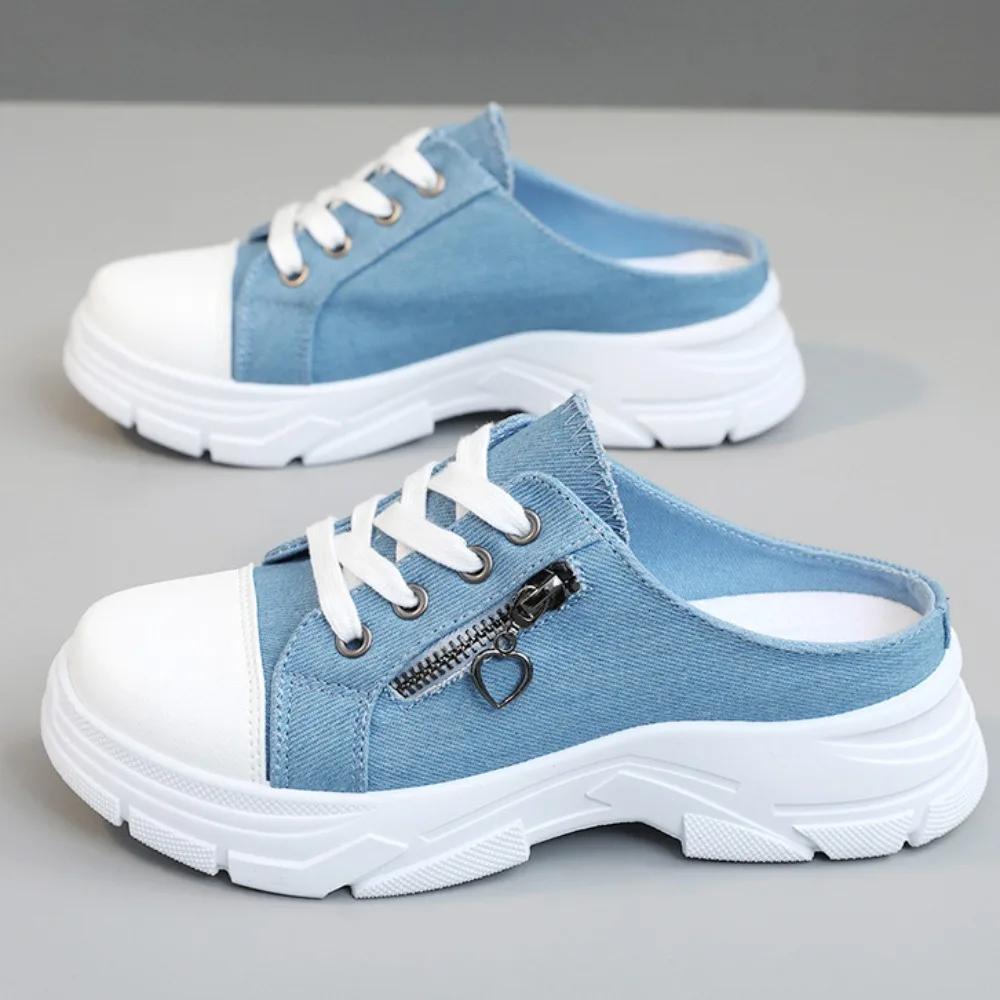 Canvas Half Dragged Women's Shoes Spring Summer Breathable Thick Soled Height Increasing Casual Shoes Fashion Slippers Women