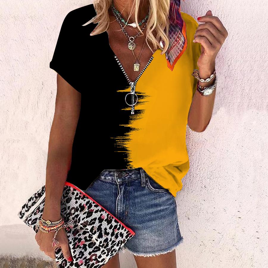 Женский топ, летняя новая мода, повседневный топ с короткими рукавами и застежкой-молнией с монтажом и принтом розы