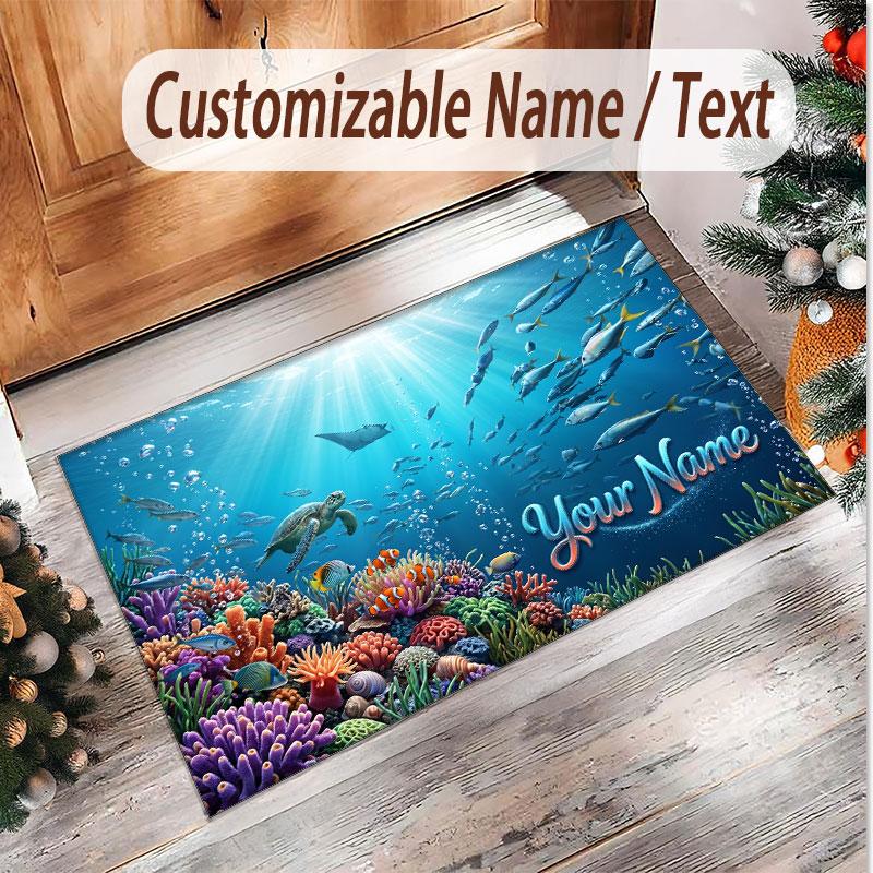 Fish Ocean Theme Soft Crystal Velvet Rug Custom Name & Text Print Non Slip Floor Rug for Bedroom Living Room